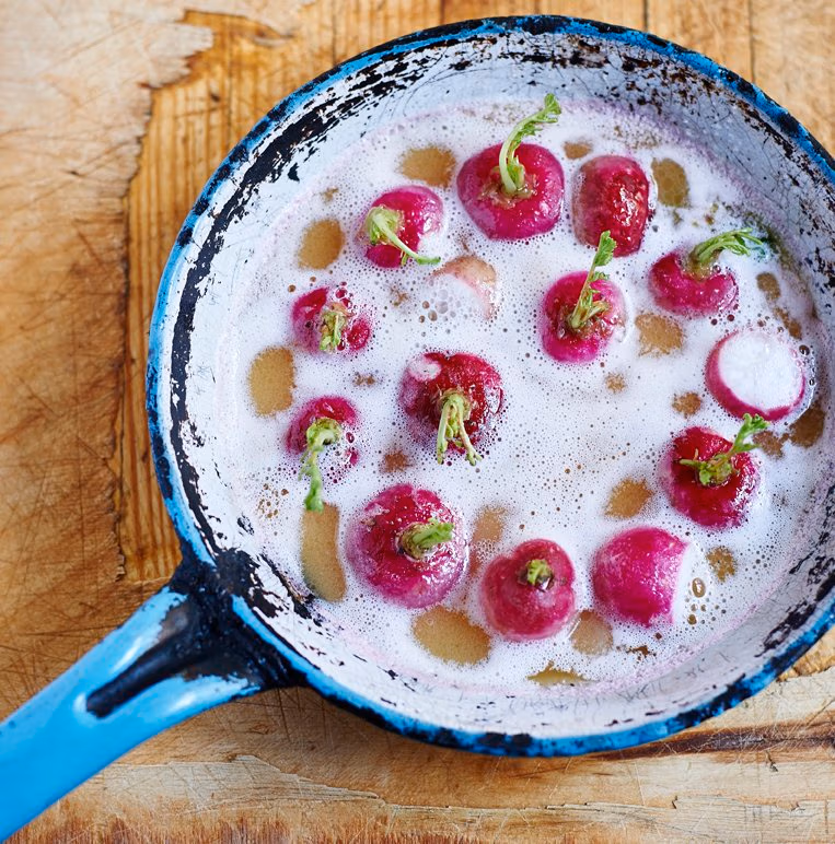Boiling glazed radishes